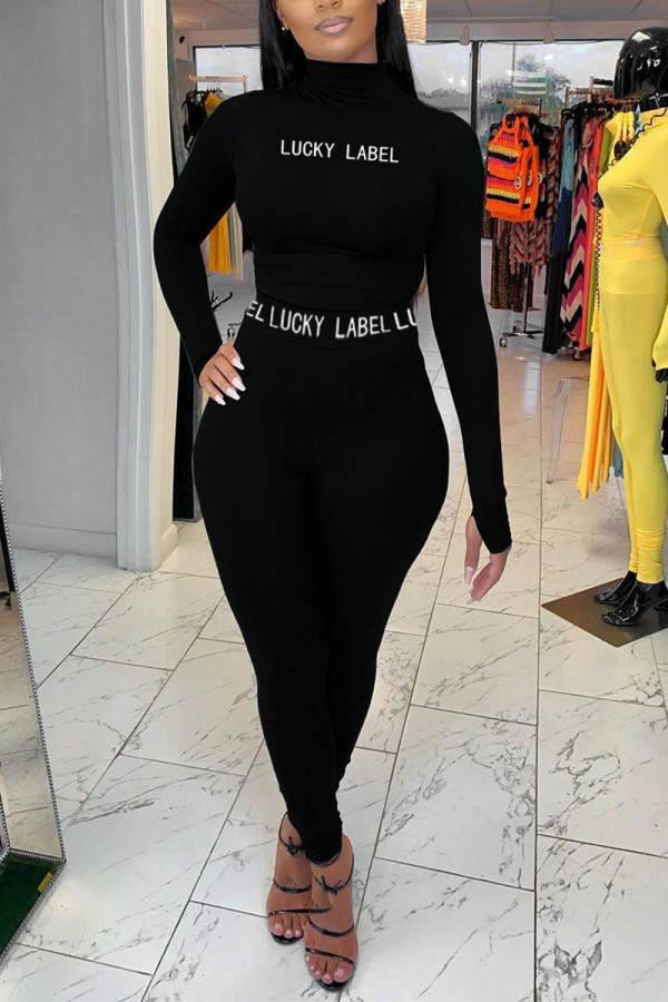 Black Sexy Letter Patchwork Turtleneck Long Sleeve Two Pieces
