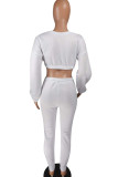 Branco casual ternos de duas peças retalhos sólidos em linha reta manga longa conjunto de calças de duas peças