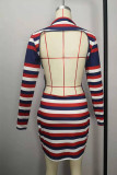 Red Blue Sexy Striped Print Backless O Neck Pencil Skirt Dresses