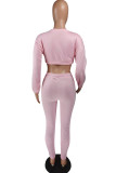 Set di pantaloni a due pezzi a maniche lunghe dritti solidi patchwork rosa casual a due pezzi