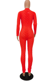 Red Sexy Solid See-through Mesh Zipper Collar Skinny Jumpsuits