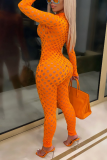 Combinaisons skinny sexy en maille transparente à col zippé orange