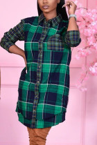 Green Fashion Casual Plaid Print Basic Turndown Collar Shirt Dress