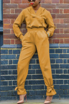 イエローファッションカジュアルソリッドベーシックフード付きカラー長袖ツーピース