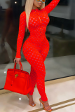 Rode sexy effen doorschijnende mesh skinny jumpsuits met ritskraag
