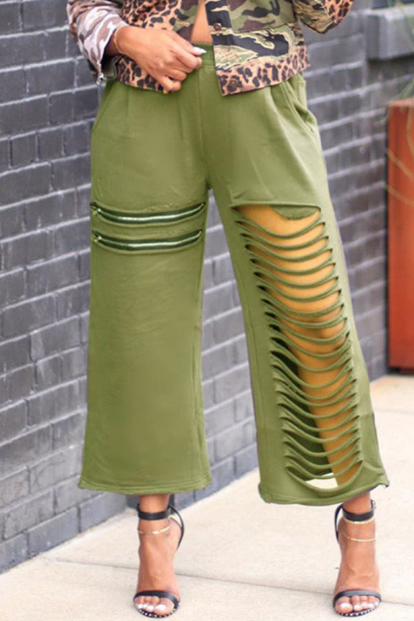 Pantalones rectos de cintura alta rasgados sólidos casuales de moda verde