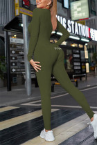 Army Green Casual Living Solide bestickte Skinny Jumpsuits mit V-Ausschnitt
