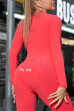 Rose Red Casual Living Solid Bestickter V-Ausschnitt Skinny Jumpsuits