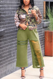 Pantalones rectos de cintura alta rasgados sólidos casuales de moda verde