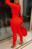 Combinaisons skinny sexy en maille transparente à col zippé rouge