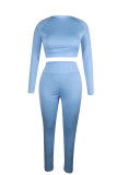 Baby Blue Sexy Solid Patchwork O Neck Long Sleeve Two Pieces
