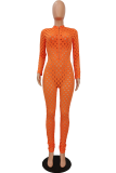 Orange Sexig genomskinlig mesh dragkedja med krage Skinny Jumpsuits