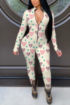 Crèmewitte skinny jumpsuits met casual print en patchwork en ritskraag