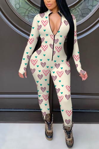 Cream White Casual Print Patchwork Zipper Collar Skinny Jumpsuits