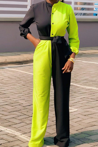 Green Solid Split Joint Mandarin Collar Harlan Jumpsuits