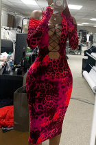 Vestidos de cuello barco con vendaje de leopardo sexy rojo