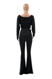 Black Work Daily Solid Bateau Neck Long Sleeve Two Pieces