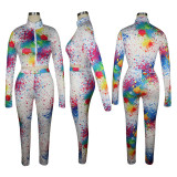 Multicolor Sexy Print Patchwork O Neck Long Sleeve Two Pieces