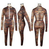 Brown Sexy Print Patchwork O Neck Long Sleeve Two Pieces