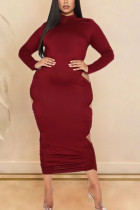 Wine Red Sexy Solid Hollowed Out Backless Fold O Neck Pencil Skirt Dresses