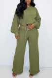 Khaki Casual Solid O Neck Long Sleeve Two Pieces