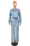 Light Blue Casual Solid O Neck Long Sleeve Two Pieces