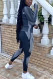 Grey Casual Geometric Patchwork O Neck Long Sleeve Two Pieces