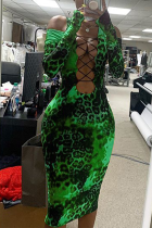 Vestidos de cuello barco con vendaje de leopardo sexy verde
