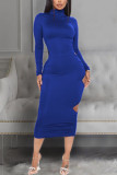 Blue Sexy Solid Hollowed Out Backless Fold O Neck Pencil Skirt Dresses