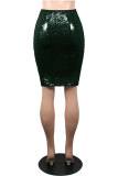 Falda de cadera con patchwork de lentejuelas verde oscuro