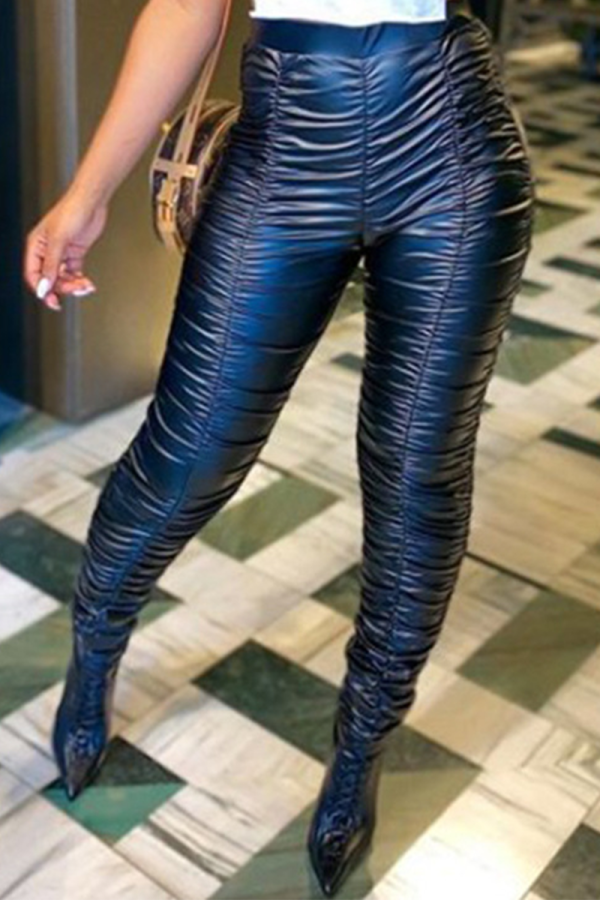 Calças retas de cintura média pretas sensuais sólidas dobras retas