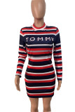 Red Fashion Casual Striped Print Letter Turtleneck Printed Dress