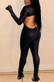 Macacão skinny preto fashion sexy sólido sem costas com zíper