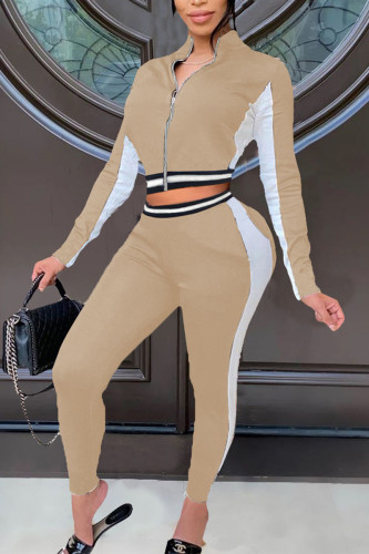 Khaki Fashion Solid Patchwork Zipper Collar Long Sleeve Two Pieces