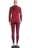 Wine Red Casual Letter Print Patchwork Hooded Collar Long Sleeve Two Pieces