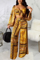 Yellow Sexy Print Patchwork Long Sleeve Two Pieces