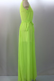 Зеленая шифоновая сексуальная модная майка без рукавов с V-образным вырезом Ступенчатая юбка длиной до пола, однотонная