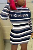 Red Fashion Casual Striped Print Letter Turtleneck Printed Dress