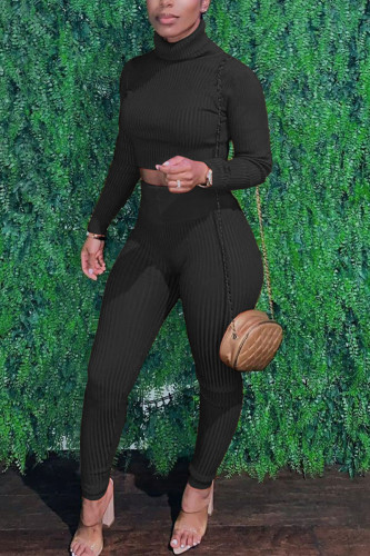 Black Sexy Solid Patchwork Turtleneck Long Sleeve Two Pieces