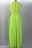 Зеленая шифоновая сексуальная модная майка без рукавов с V-образным вырезом Ступенчатая юбка длиной до пола, однотонная