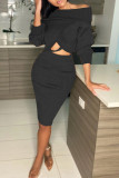 Black Sexy Solid Fold Long Sleeve Two Pieces