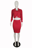 Red Sexy Solid Fold Long Sleeve Two Pieces