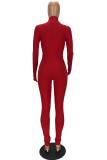 Red Print letter Solid zipper Long Sleeve Turtleneck Jumpsuits