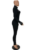 Black Print letter Solid zipper Long Sleeve Turtleneck Jumpsuits