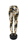 White Sexy Print Patchwork Skinny Mid Waist Pencil Bottoms