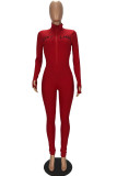Red Print letter Solid zipper Long Sleeve Turtleneck Jumpsuits