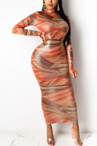 Многоцветный сексуальный принт в стиле пэчворк с воротником-стойкой и завернутой юбкой платья