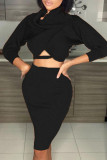 Black Sexy Solid Patchwork Bateau Neck Long Sleeve Two Pieces