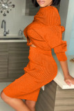 Orange Sexy Solid Patchwork Bateau Neck Long Sleeve Two Pieces