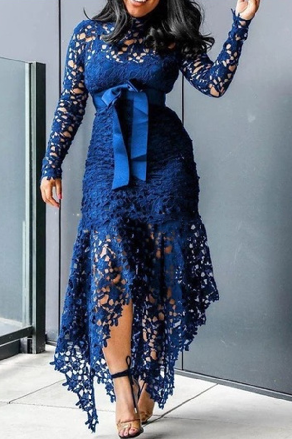 Blaue sexy Patchwork-Patchwork-Kleider mit halbem Rollkragen und unregelmäßigem Kleid